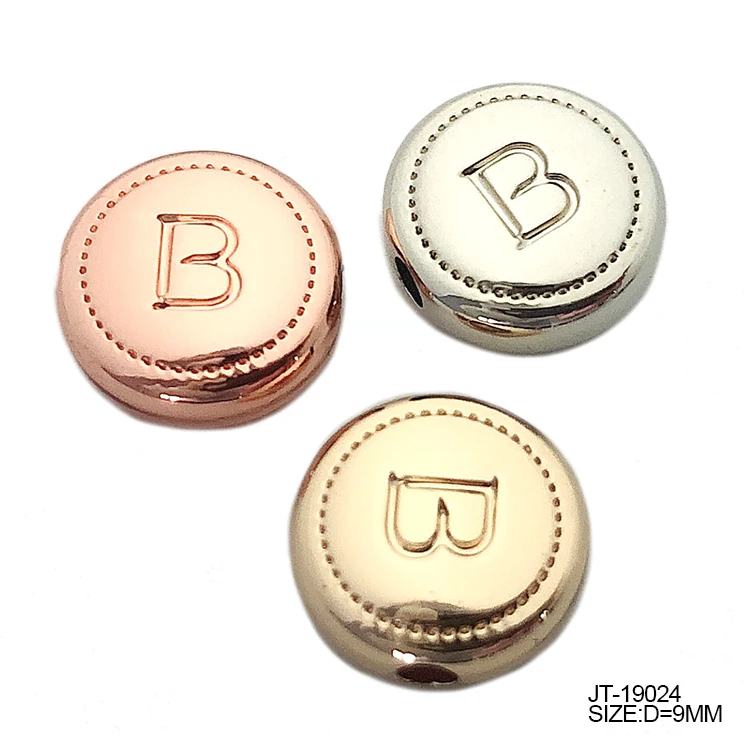 Fashion charms custom engraved round metal beads letter logo jewelry tags for pendant