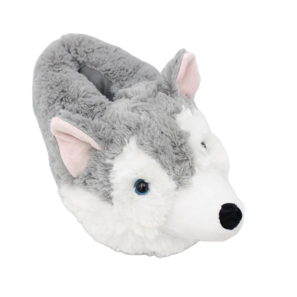 New design grey stuffed husky plush fur indoor animal slippers plush