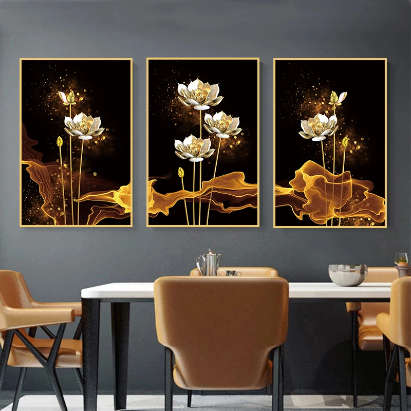Still Life Posters Lotus Canvas Home Decoration Bedroom Murals Light Luxury Golden Flowers Painting and Plants Print