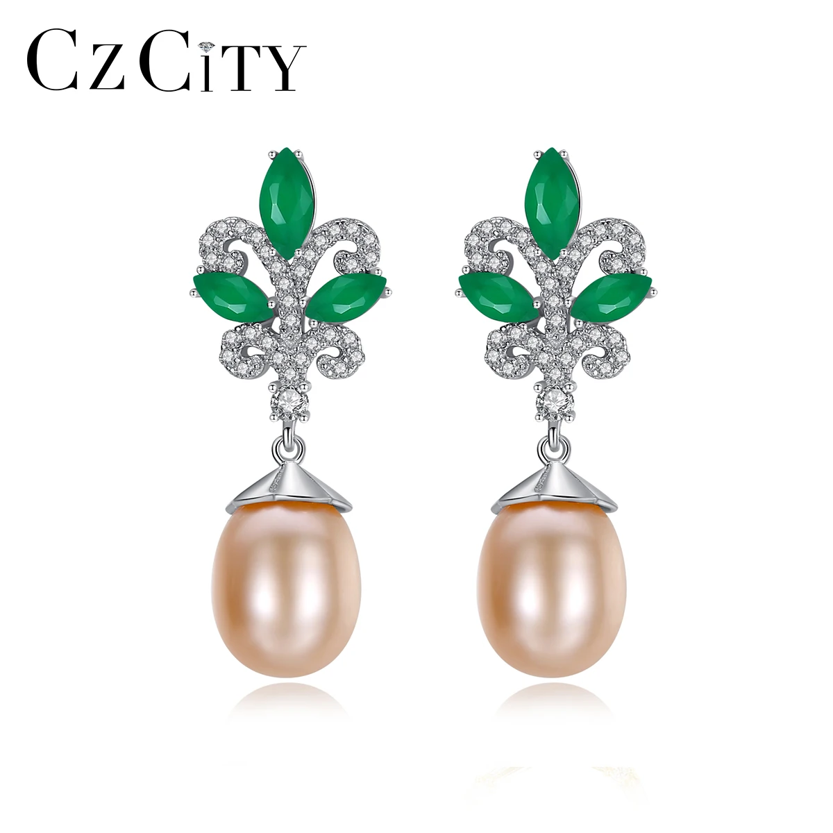 CZCITY Green Jade 2024 Natural Stone Christmas Tree Fashion Long Earing Women Big Real Pearl Earrings