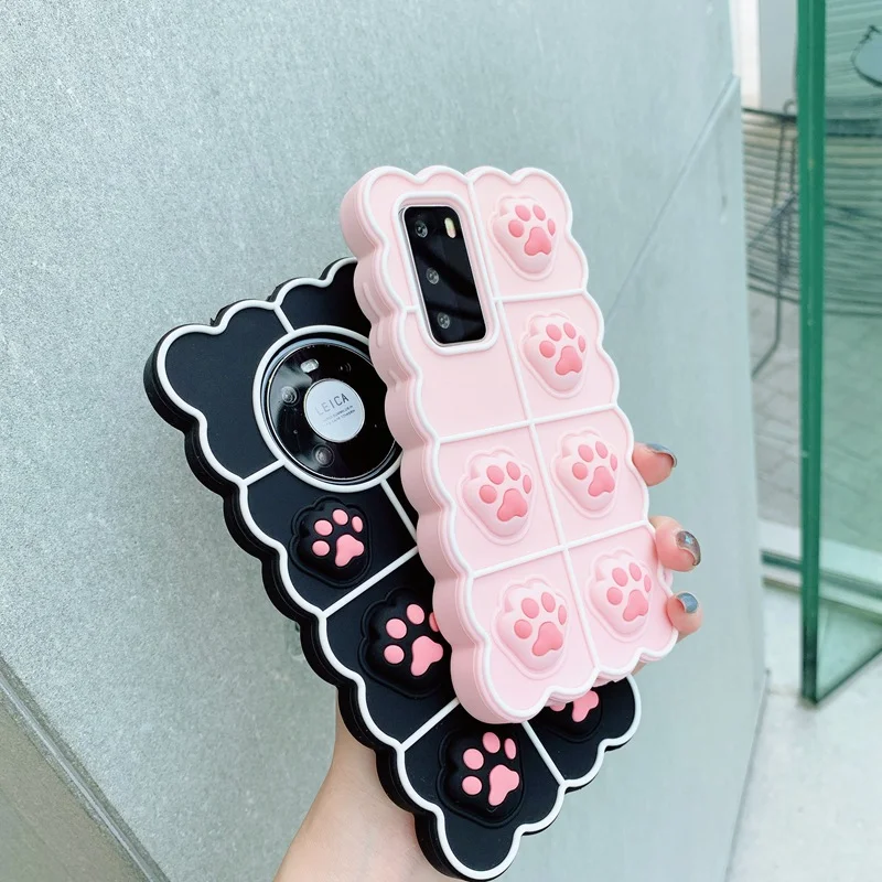 Cartoon 3D Cute Cat paw Bubble Stress Reliver Silicon Case For Huawei Mate 30 40 Pro P30 P40 Lite Nova 5T 6 SE 7 8Pro Back Cover