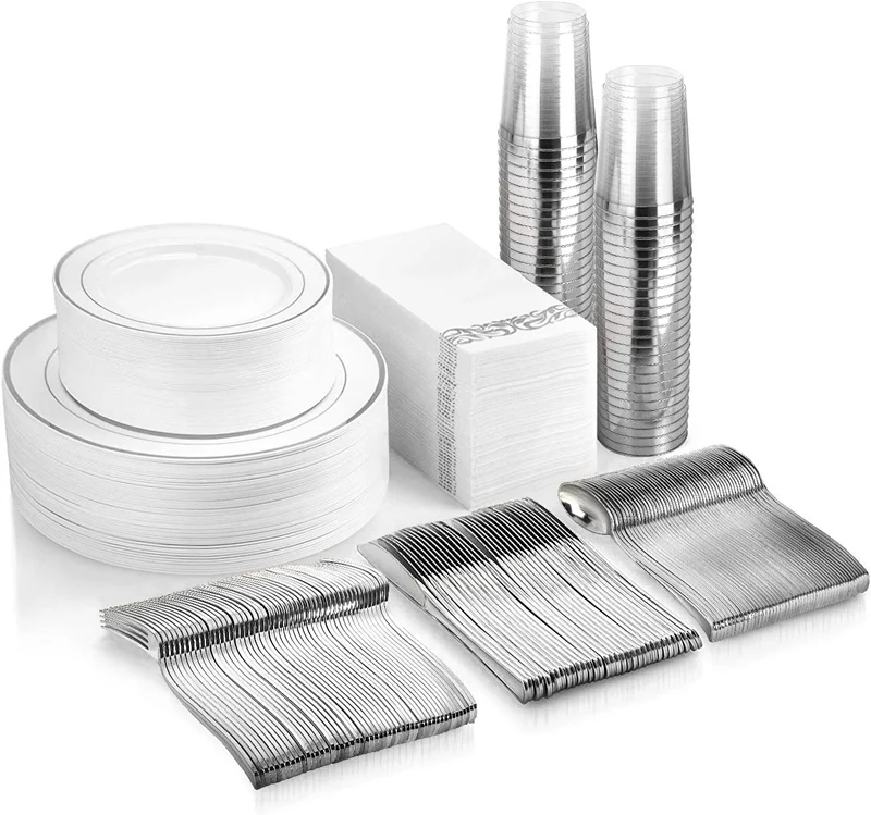 Silver rim Dinnerware Set Disposable - 25 guest Plastic Plates sets, Silverware, with Cups, Linen Like Napkin