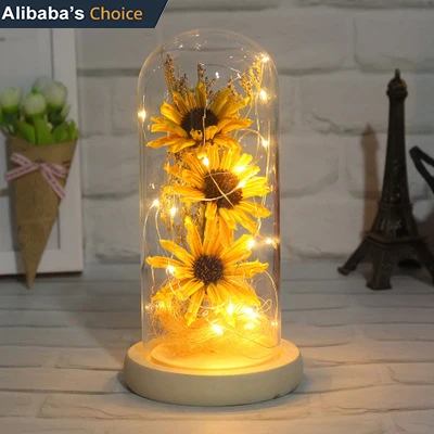 Прямая поставка с завода сохраненный сушеный Подсолнух в стеклянном куполе Вечные искусственные подсолнухи для украшения свадьбы Дня Святого Валентина