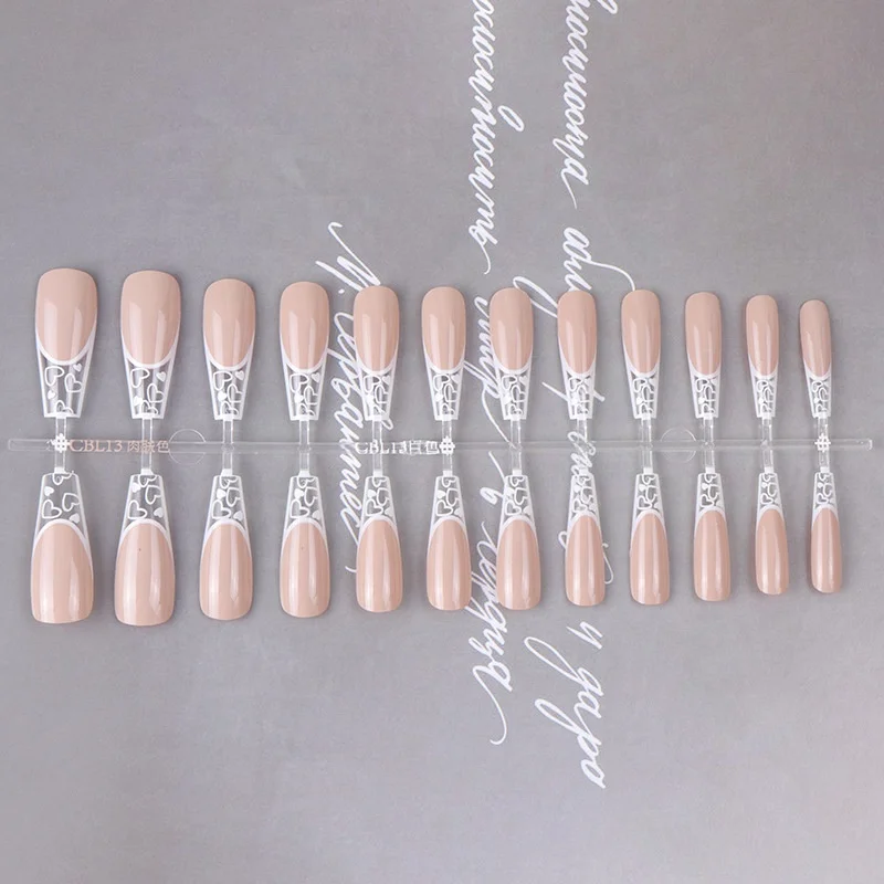 Paso Sico 24pcs Long Ballet French White Heart Lace Line Clear Design Popular Press on Nails High Quality Wholesale