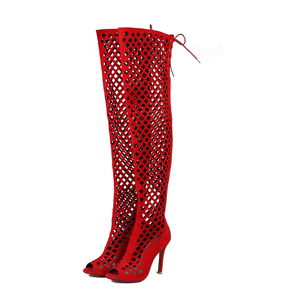 Женские сапоги выше колена, босоножки-гладиаторы с открытым носком, на шпильке, молнии, с вырезами, обувь для зачистки