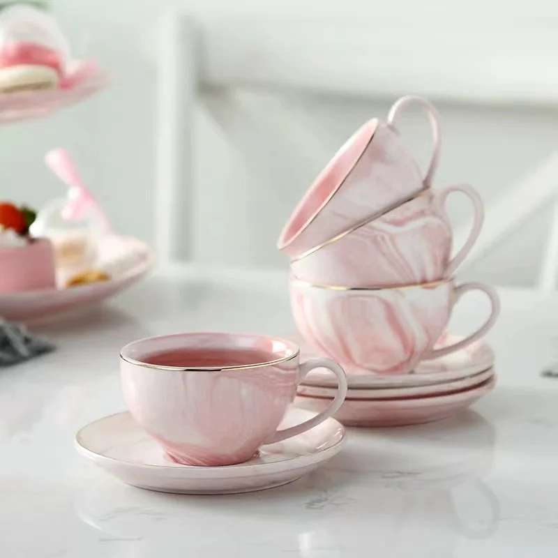 European luxury style pink marble pattern porcelain coffee mug and saucer elegant British afternoon tea coffee cup set gold rim