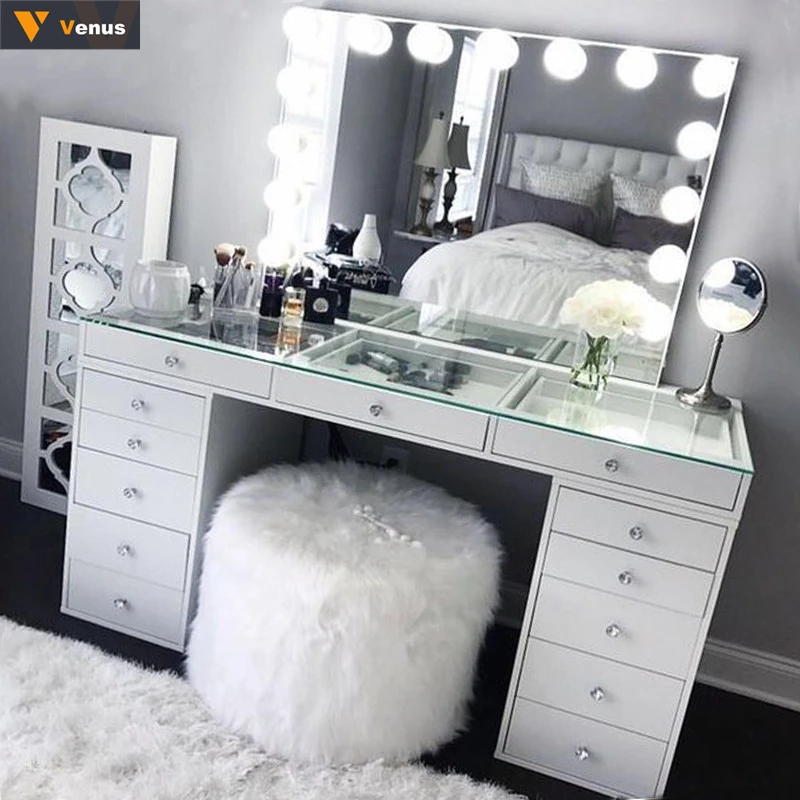 Home furniture dressing table with led mirror custom wooden dressing table makeup designs mirror with drawer set modern white