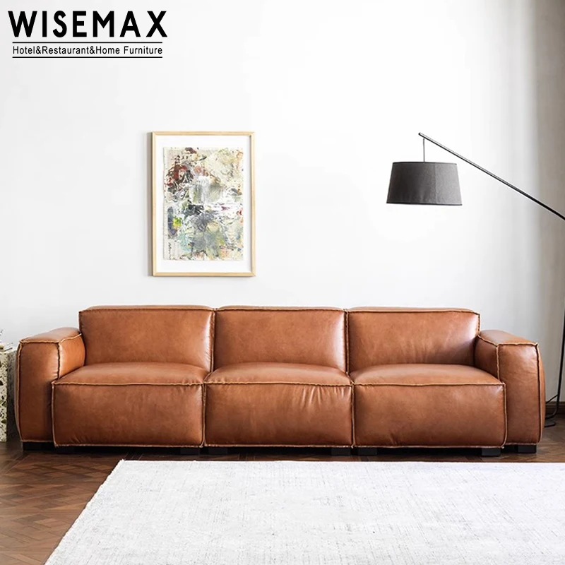 WISEMAX FURNITURE Italian Minimalist sofa sets pine wood down filled genuine leather living room modular couch 4 seats for villa