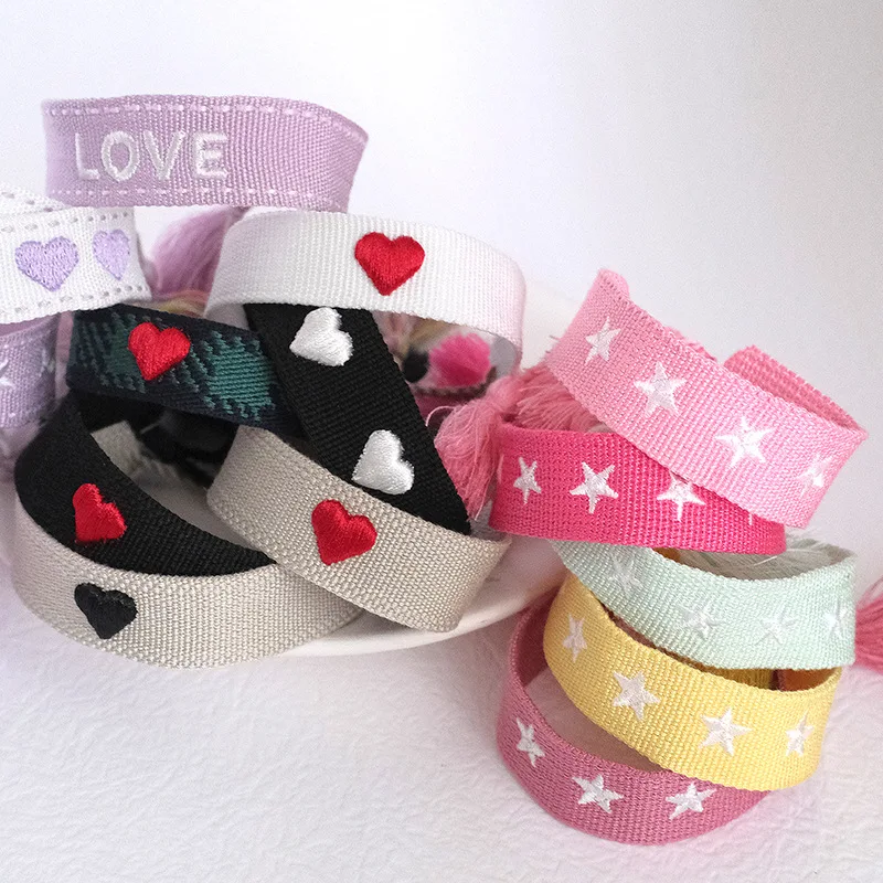 Bohemian Custom Logo Ribbon Letter Embroidery heart Friendship Braided Bracelet Adjustable Woven Charm Webbing Tassel Bracelets