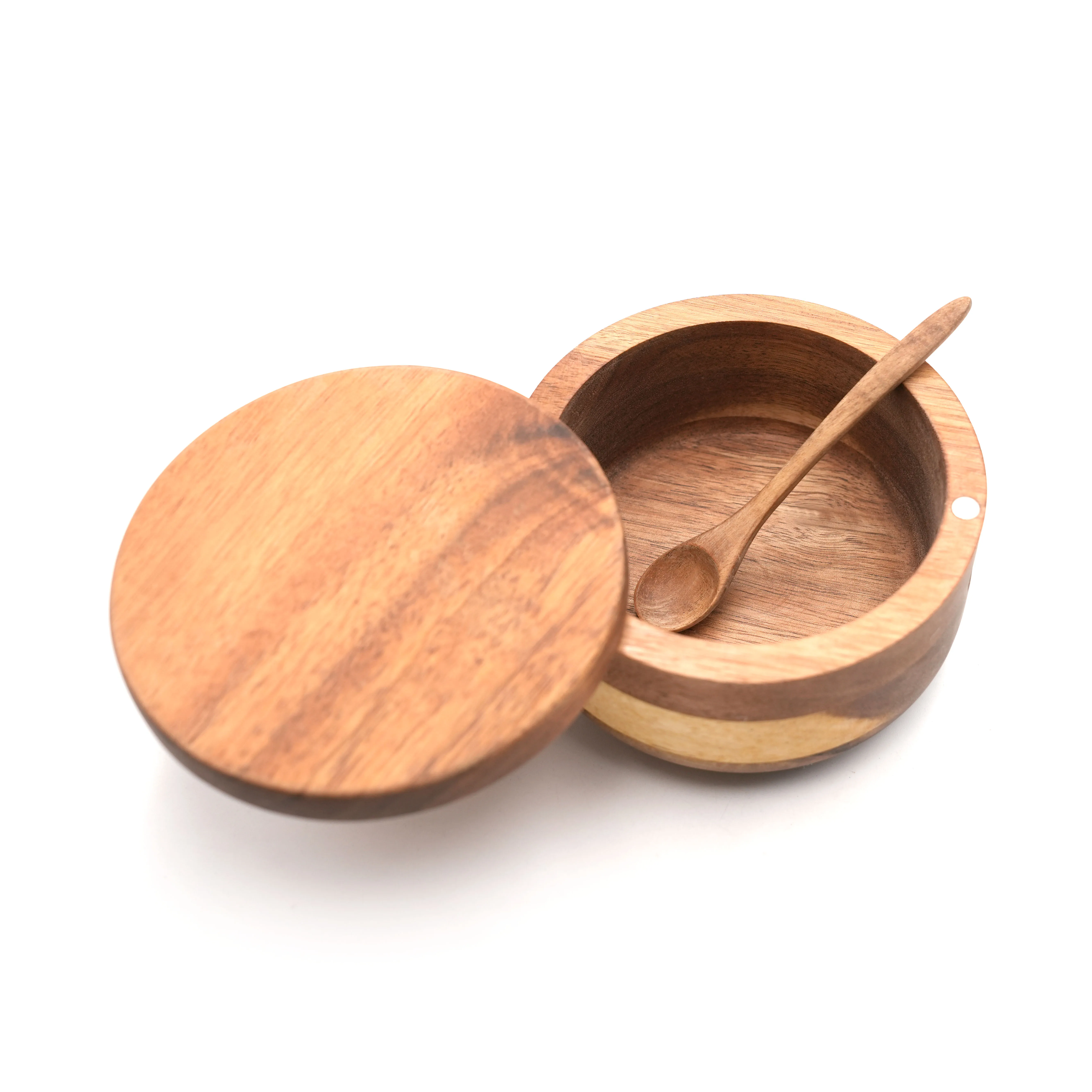 Salt Keeper Wood Jar For Kitchen Round Wood Salt Cellar Container Wood Salt & Spice Box With Swivel Cover