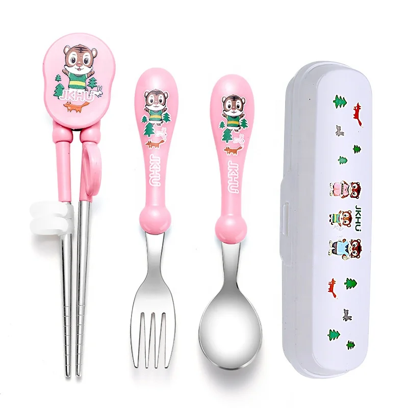 kids forks Training Chopsticks Flat Edge Stainless steel fork Spoon Grooved tableware Set with Case for Right-hand Children Kids