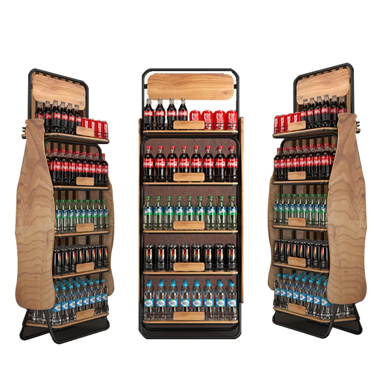 4 Layer cola bottle wood display rack floor retail display stand for liquor store