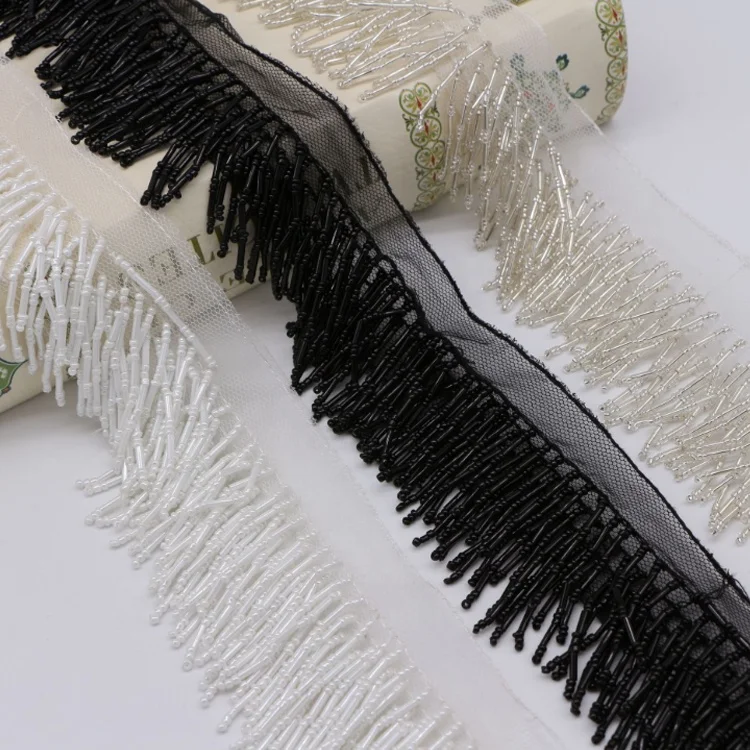 
MSBJ0371 Factory Directly Sales Bead Fringe Trim Black Mesh Fringe Tassel 