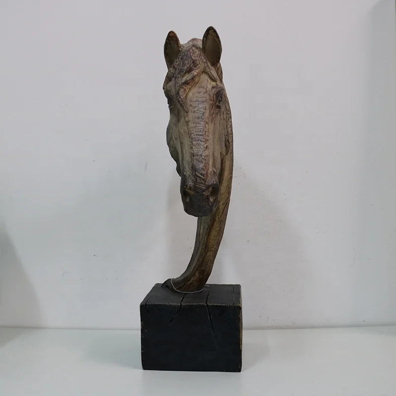 antique resin crafts home decor big size wooden horse head with base statue animal sculpture