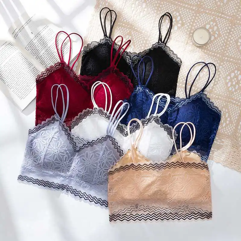 Ladies Transparent Lace Wrap Chest Bralette Sexy Double Thin Straps Ladies Wireless Removable Padded Tube Top Bras