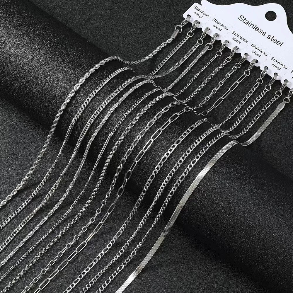 12pcs set Wholesale Stainless Steel Chain 18K Gold Plated Chain Hip Hop Jewelry Miami Cuban Curb Chain Herringbone Link