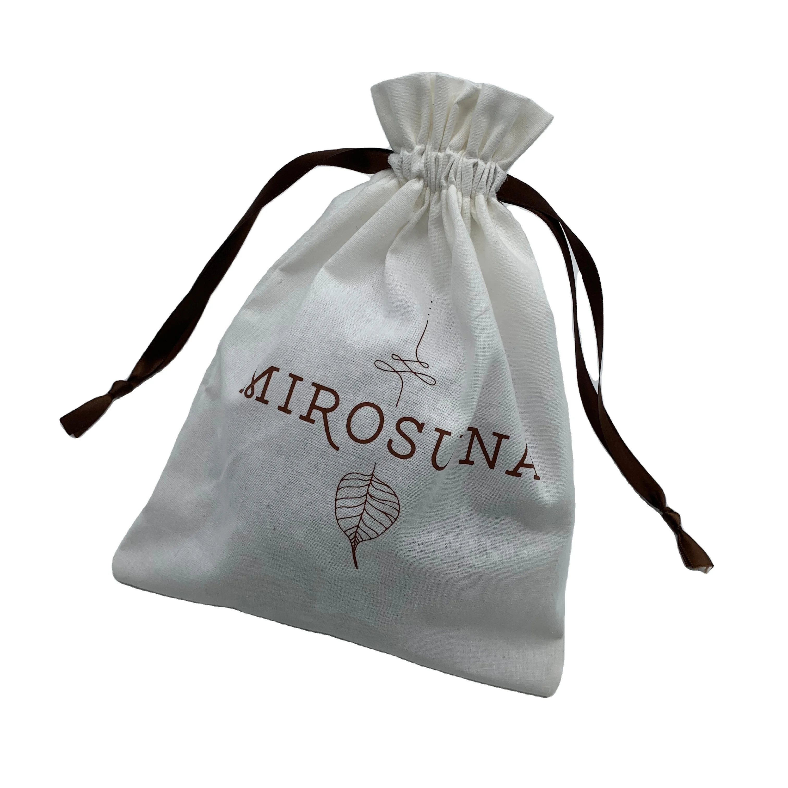 Custom Logo printed luxury small jewelry cotton muslin drawstring favor bag for candy wedding