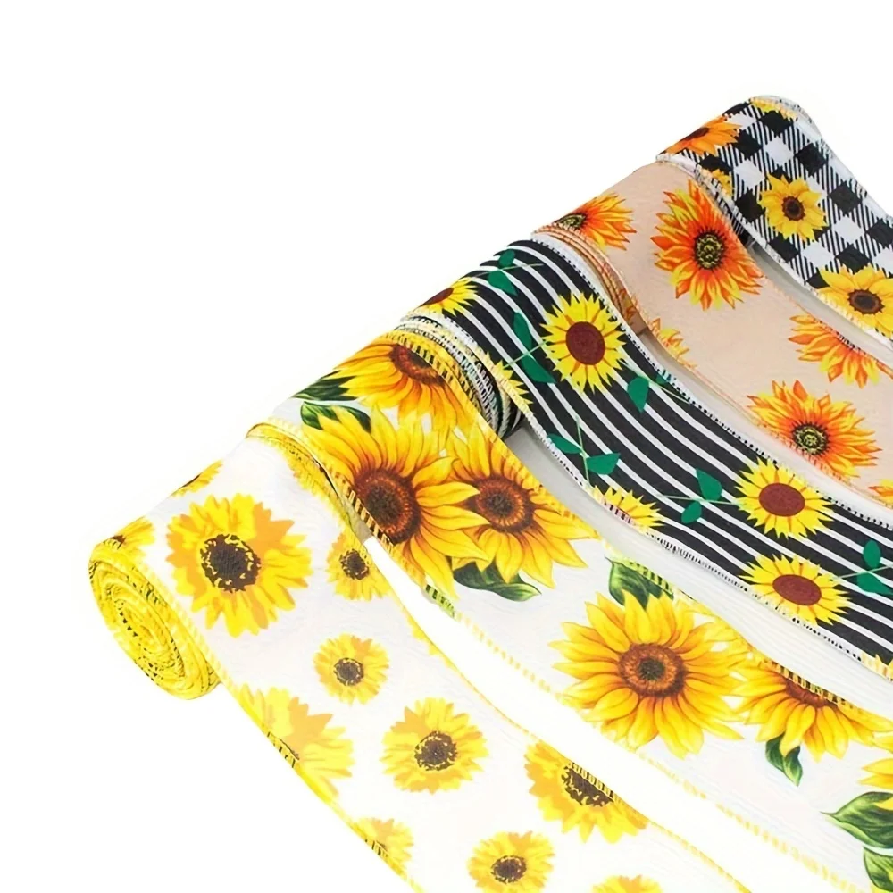 5 rolls 2.5-inch classic sunflower ribbon Idyllic style wired fabric, seasons Universal of versatile holiday streamer