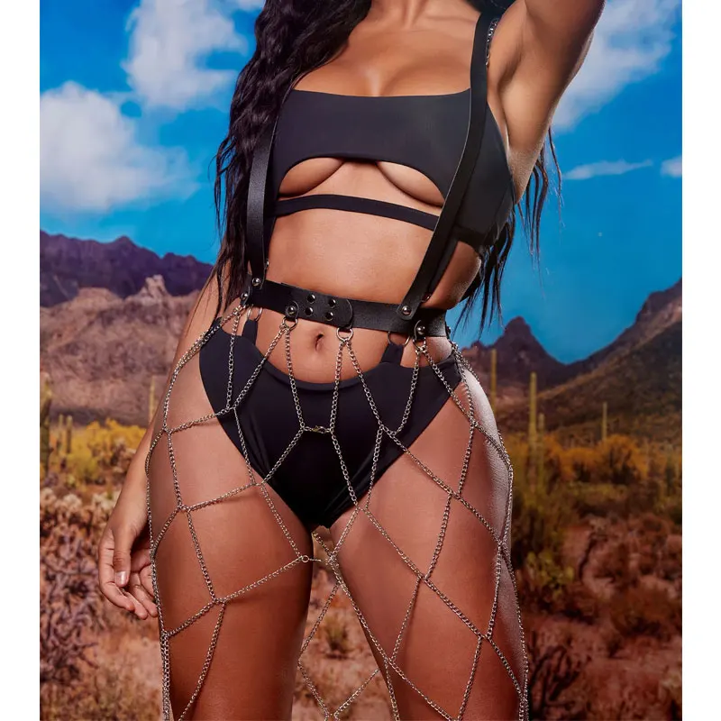 Women Leather Skirt Body Harness Leather Black Skirt Faux Leather Fringe Tassel Studded Mini Skirt