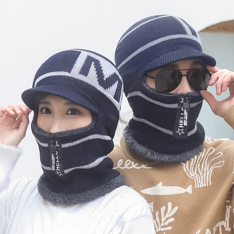 Winter Zipper Integrated Ear And Neck Protection Windproof Unisex Knitted Hat Cotton Beanie Hats