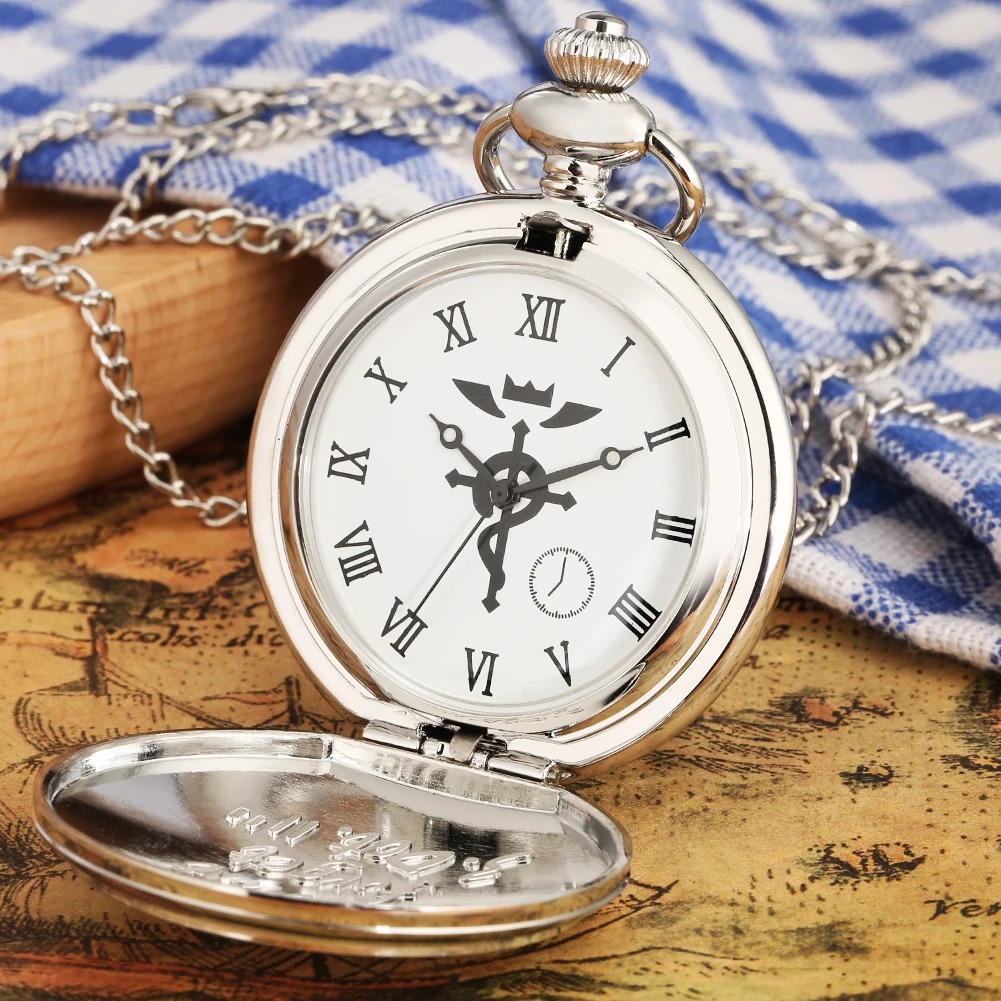 Anime Cosplay Necklace Pendant Chain Clock Reloj Edward Elric Roman Numerals Dial Fullmetal Alchemist Silver Quartz Pocket Watch
