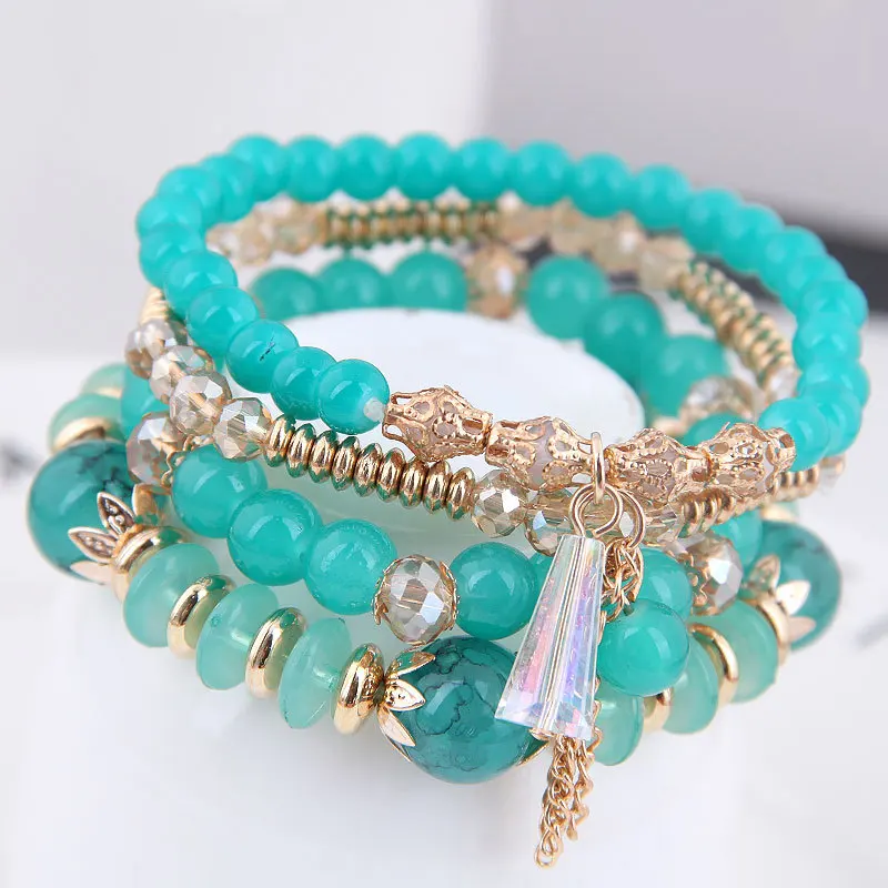 Kingcome 4pcs/pack Bohemian Stackable Bracelets with Tassels Multilayered Stretched Crystal Glass Beaded Bracelets