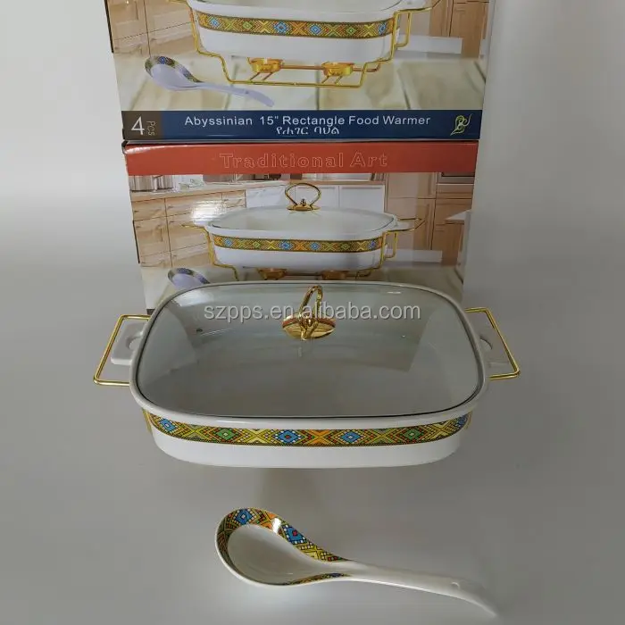 Ceramic chafing dish buffet dishes ceramic display food warmer with iron stand