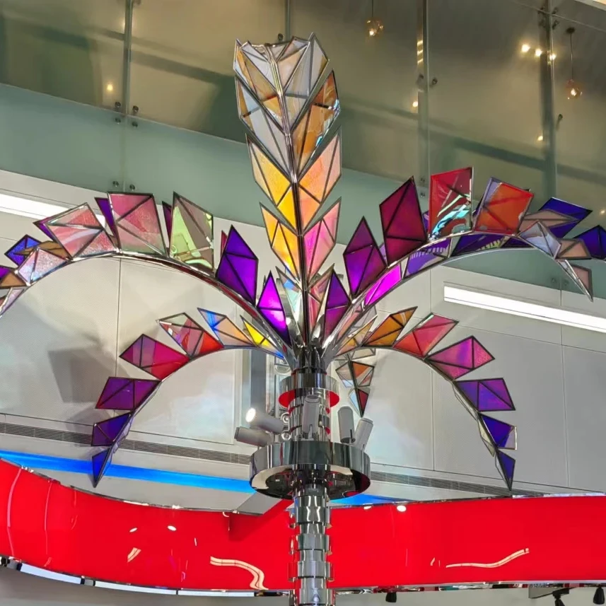 large modern dubai airport stainless steel tree statue metal decor craft shopping mall window display public art sculpture