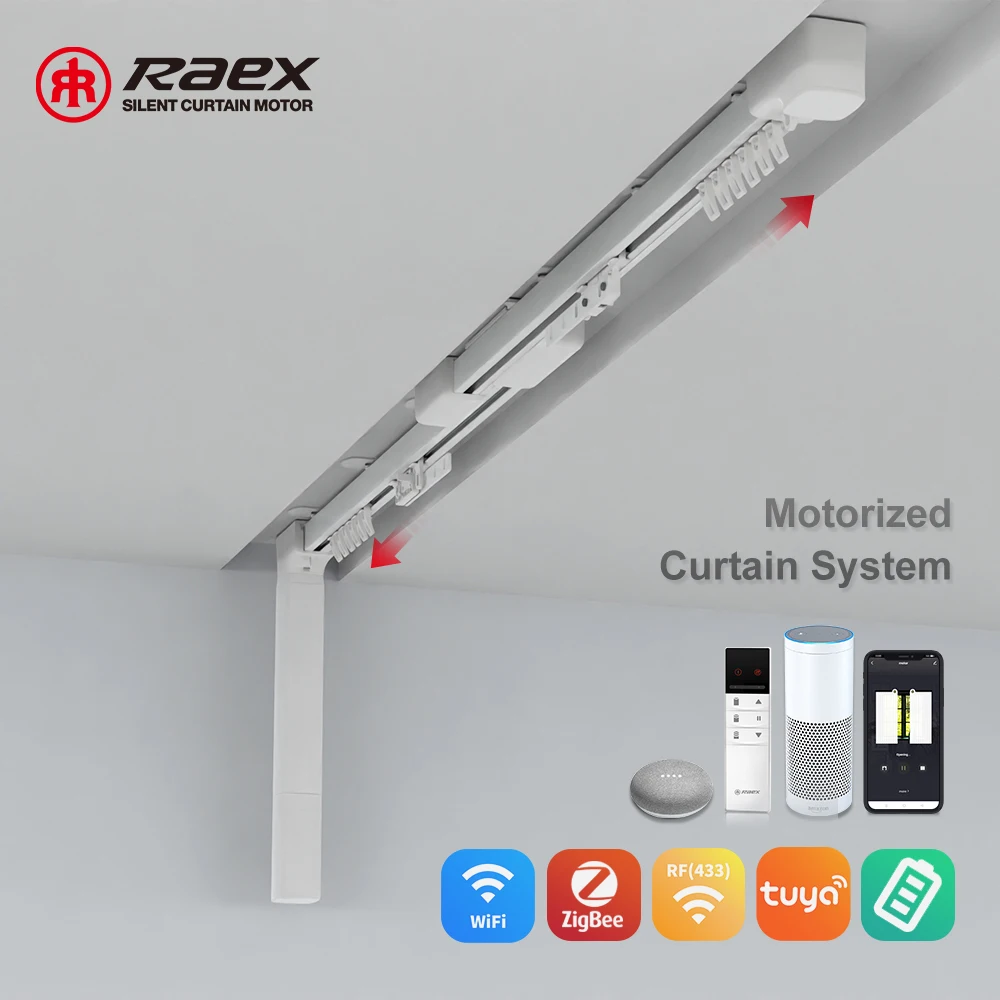 Separate Home Three Track Extendable Length Tuya Smart 1.69-4m Battery Drive Motorized Curtain On The Rails