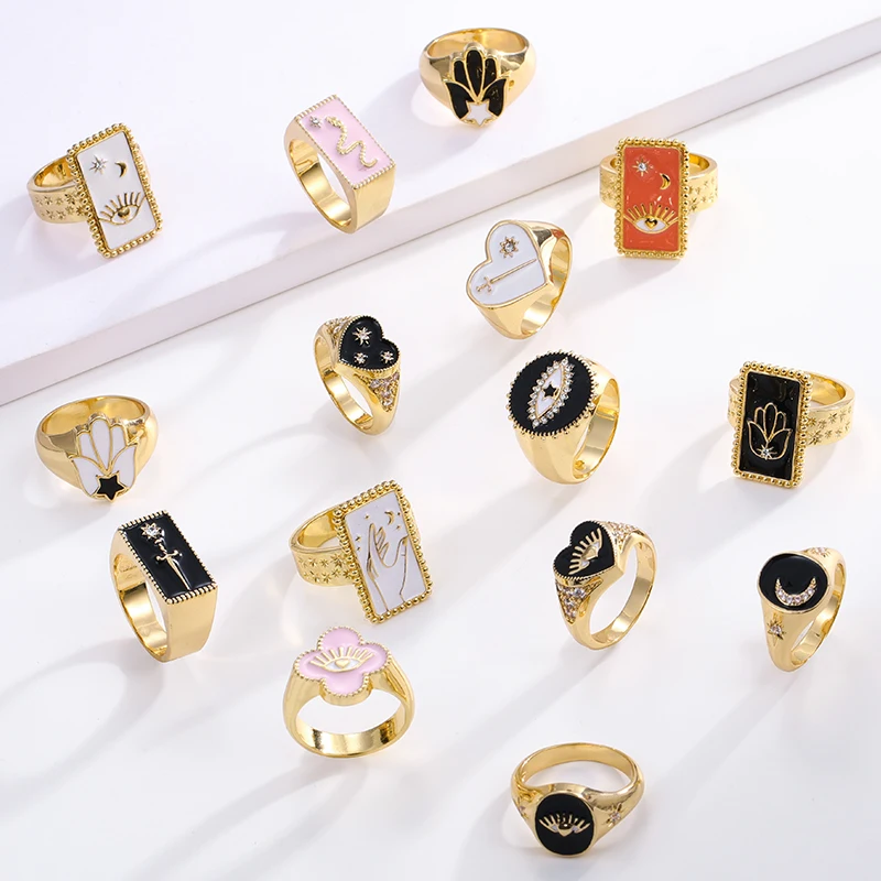 Custom Jewelry Factory Wholesale Copper Eye Ring Chunky Signet Rings Black Enamel Ring For Women