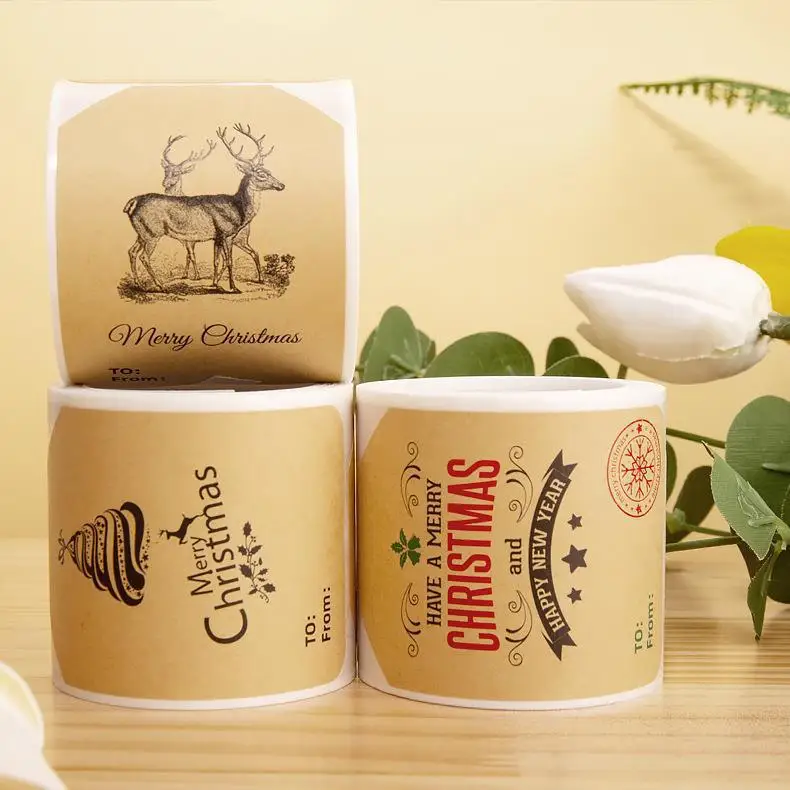 Wholesale Eco-friendly Waterproof Stickers Kraft Paper Christmas Gift Box Self-adhesive Label Decorative Stickers