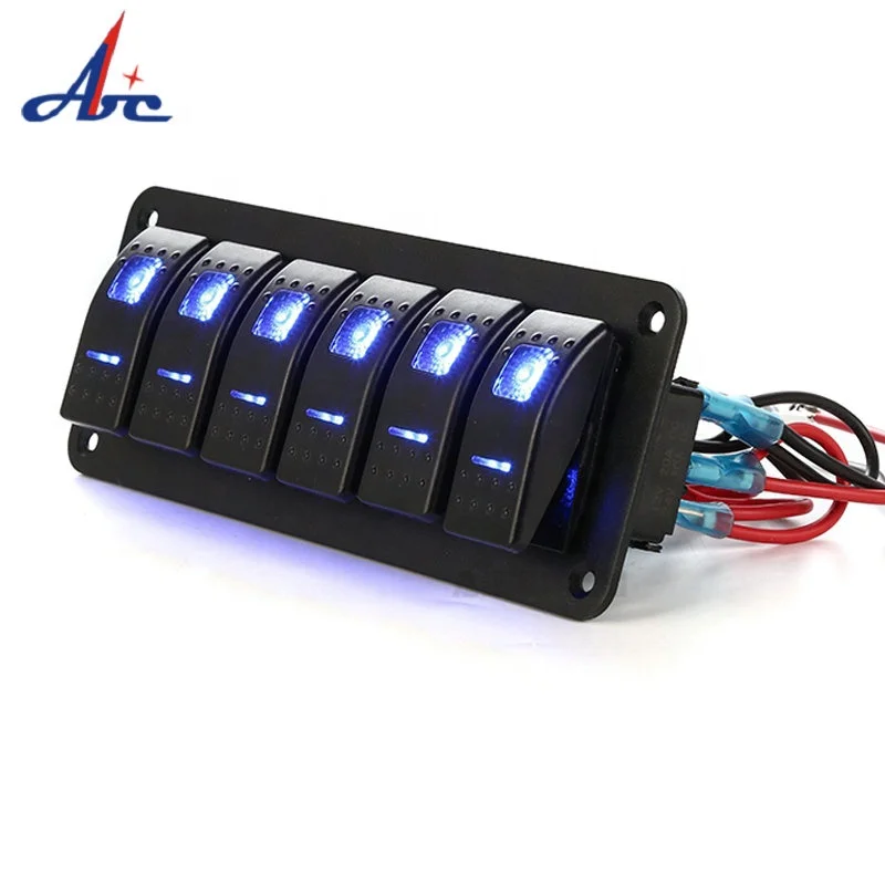 6 Gang Toggle Switches Dash 5 Pin ON Off 2 LED Backlit Rocker Switch Aluminum Panel for Boat Car Marine
