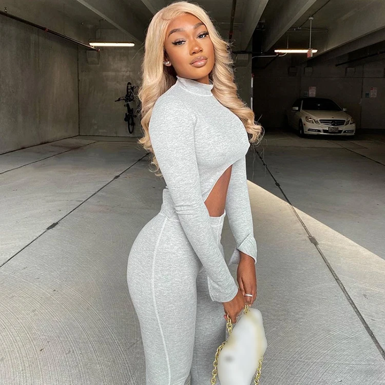 Solid Matching Irregular Lady Crop Top And Pants Outfits Fall Autumn Stylish Clothing Women Co Ord Tracksuits 2 Two Piece Set