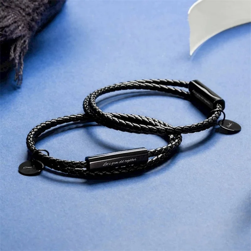 Couple Men Women Jewelry Customized Bar Tags Engraved Stainless Steel Magnetic Clasp Double Layer Braided Leather Bracelet
