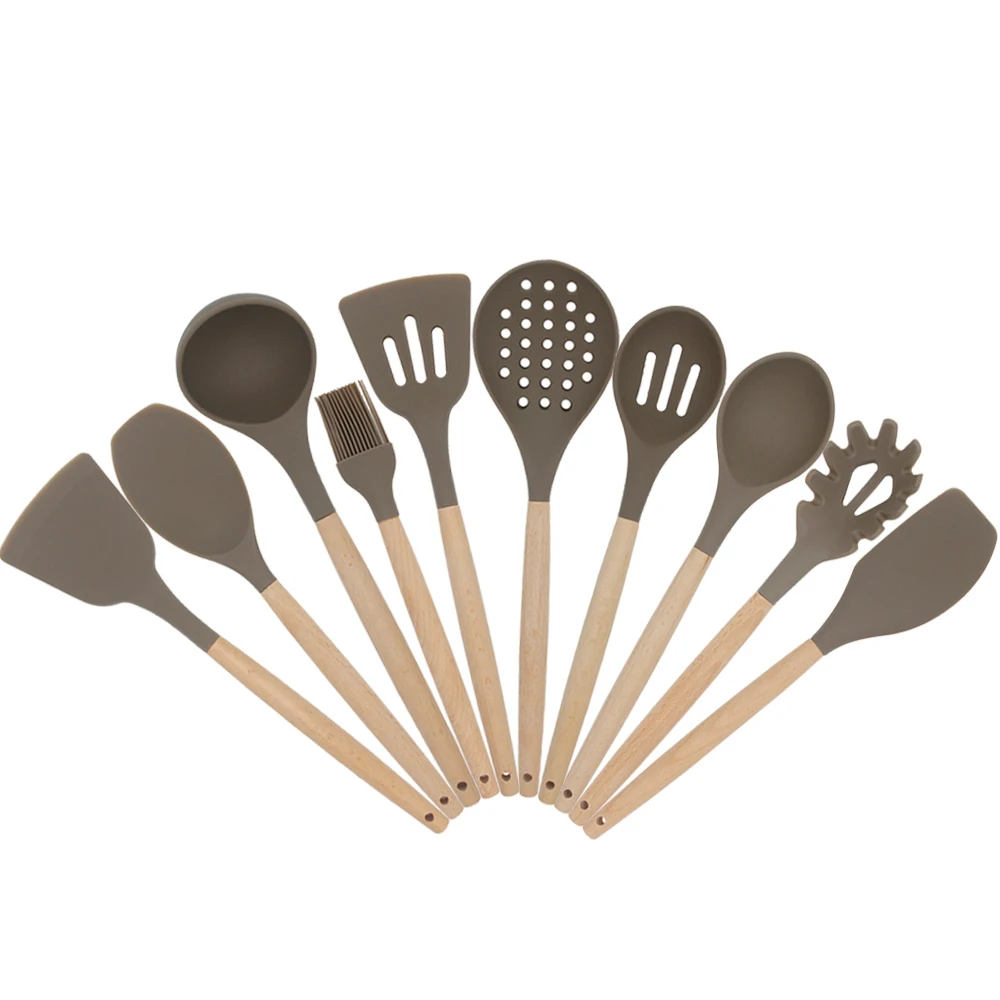 High quality Silicone Kitchen Cooking Utensils Tool Set 10 Pcs With Wooden Handle