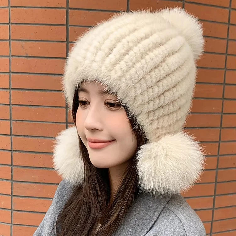 manufactures Winter knitted beanie With Fox Pompom Warm blank hats Woven Knit Caps Female Fashion women hat