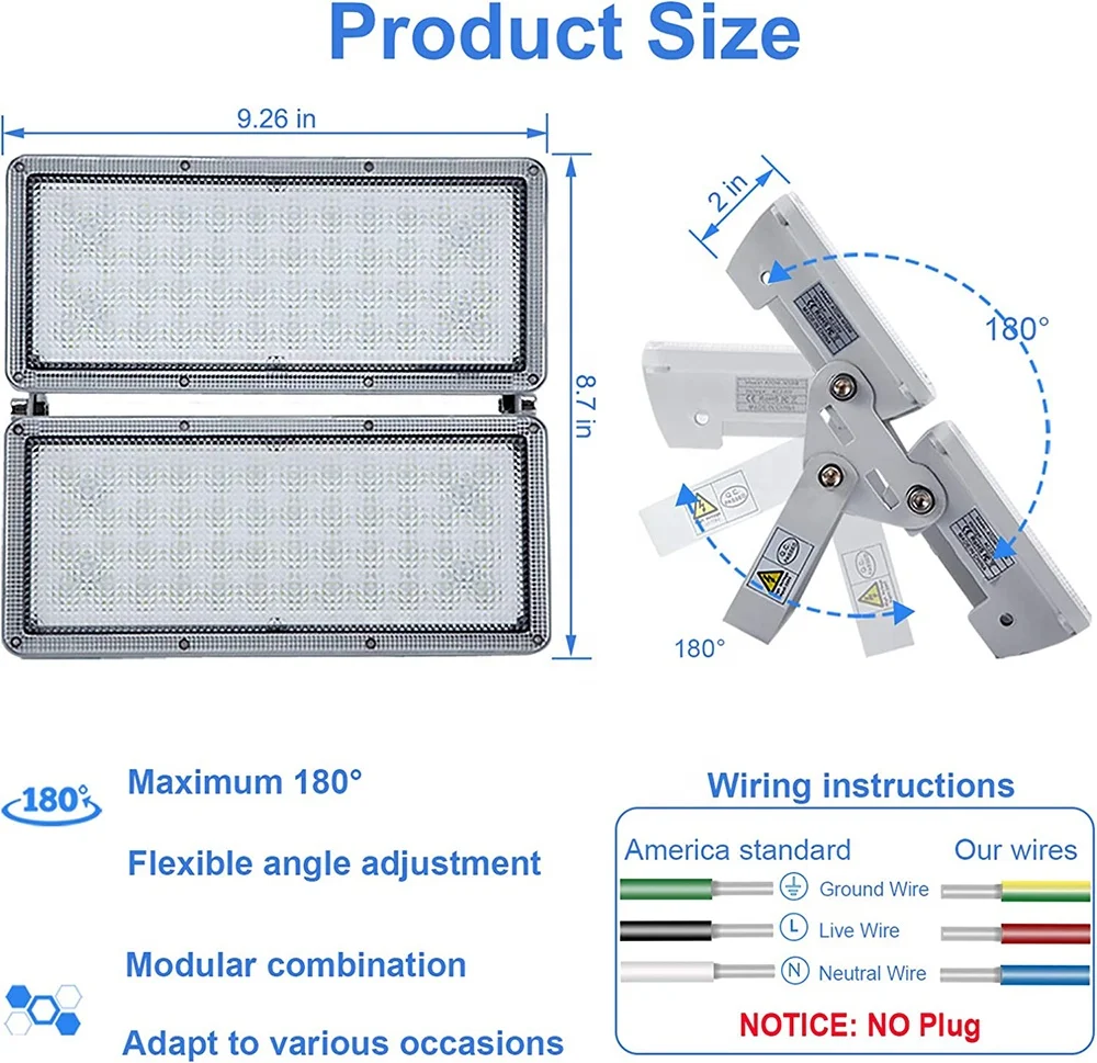 100W LED Flood Light 10000lm 6500K Led Spotlight IP67 Waterproof Outdoor LED Stadium Light for Backyard Garden Playground Tunnel Lights