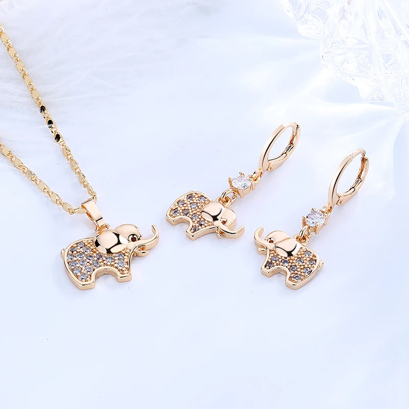 top best selling elephant cute jewellery earring and necklace set for woman cubic zirconia jewelri set 18k gold plated on brass