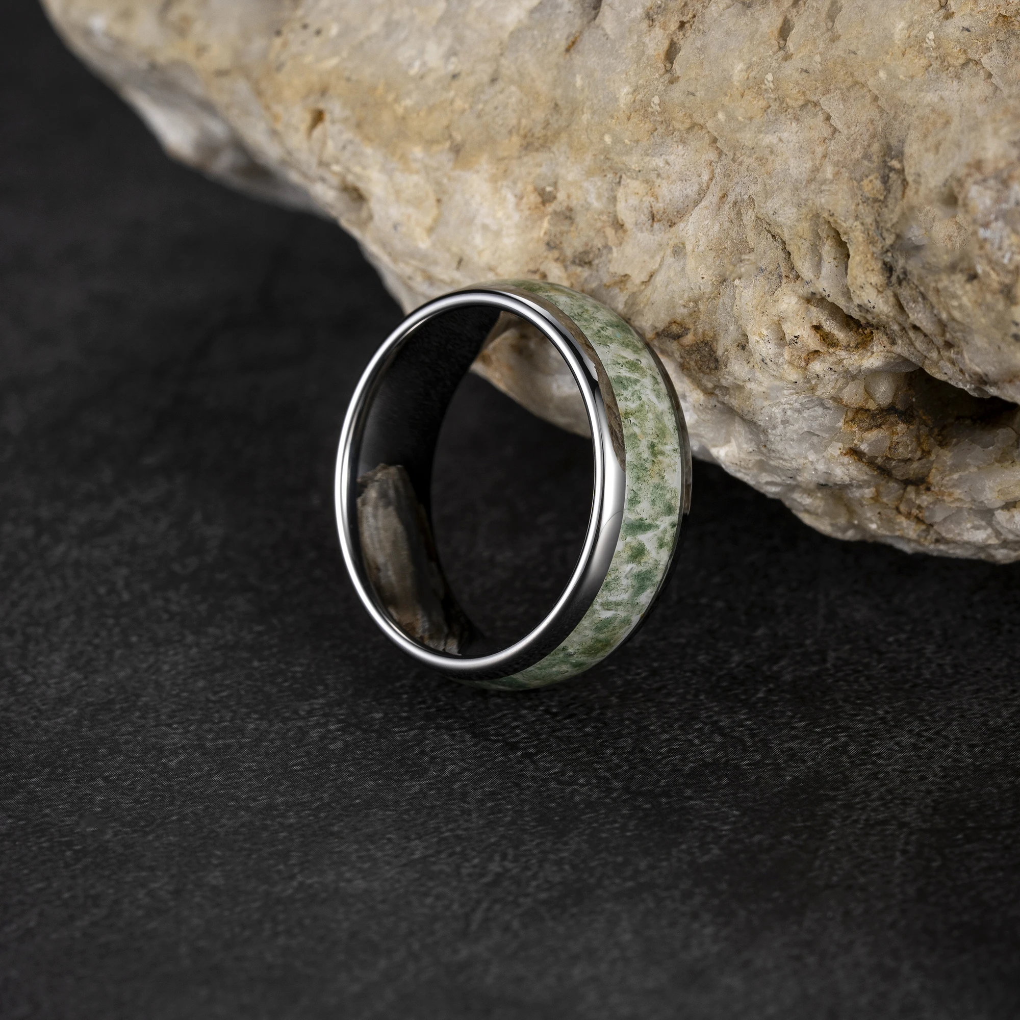 Fashion jewelry 8mm 6mm 4mm silver Tungsten Ring Natural Moss Agate Inlay men rings tungsten wedding brand ring