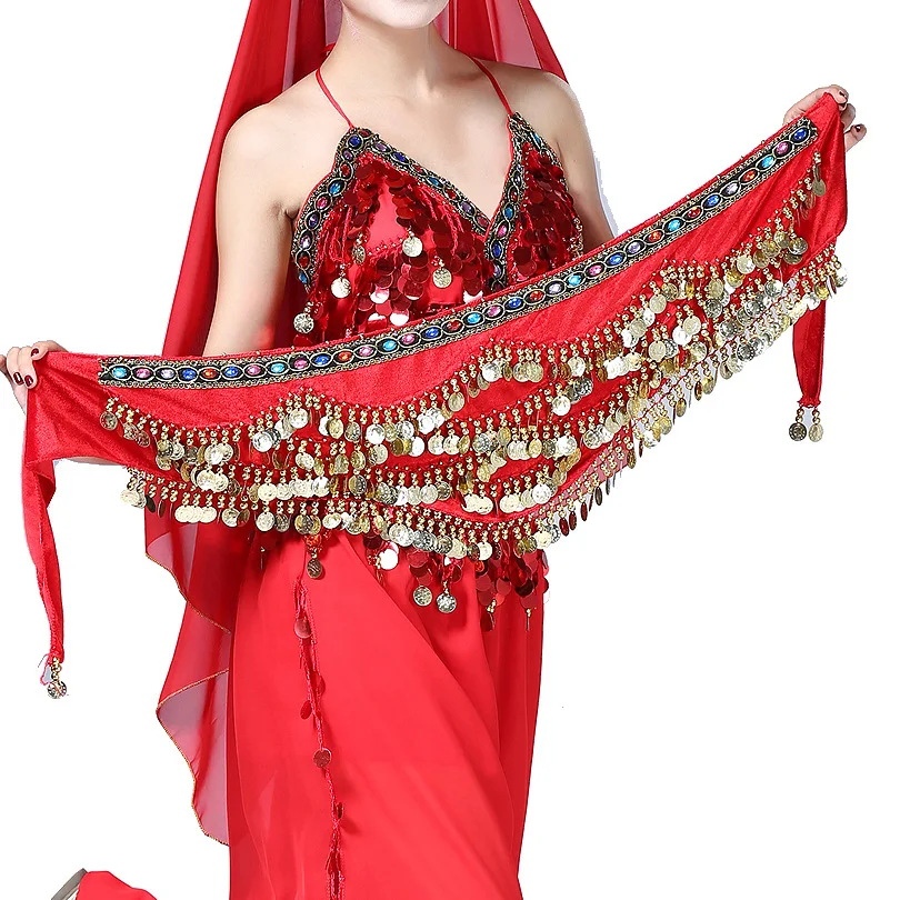 Belly Dance Hip Scarf Belly Dance Skirt with 98 Gold Coins Belly Hip Scarf Waist Chain Coin Sash Chiffon Dangling Bling