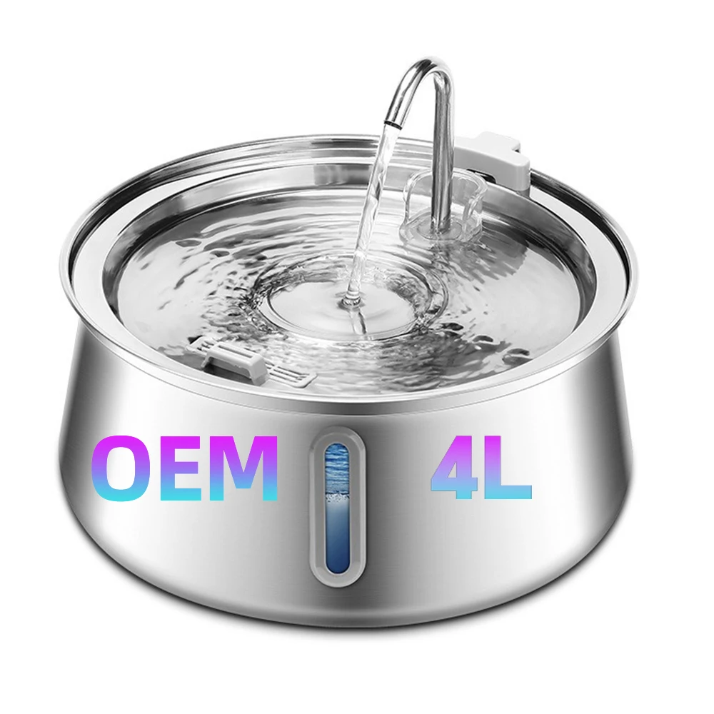 Petwant 4L Stainless Steel Cat Water Fountain Visualization Window Ultra Quiet Automatic Pet Water Dispenser with Filter