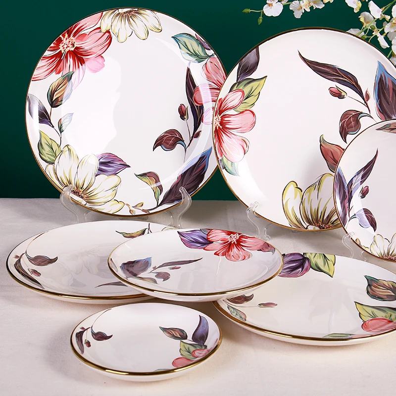 Free Sample New Product Floral Decals Round Customized Serving Party Plates Flower dinner Plate Ceramic