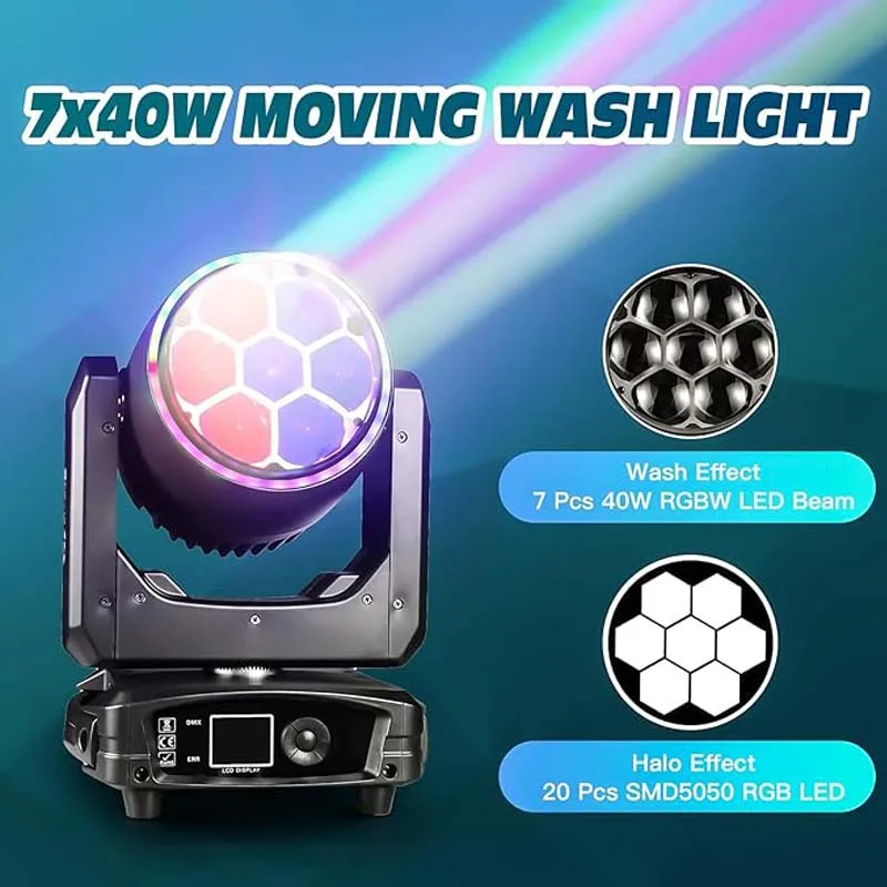 Kinusdjs 7 Bee Eyes Moving head light 7*40W RGBW 4in1 zoom LED with Halo ring moving head light DJ Wedding Club DMX light