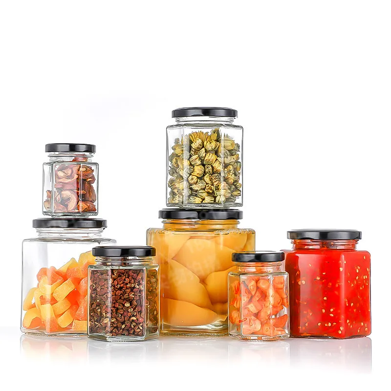 New Hexagonal Unique Promotional Various Sizes Airtight Glass Storage Jar Glass Honey Jar 100ml 180ml 280ml 380ml 500ml