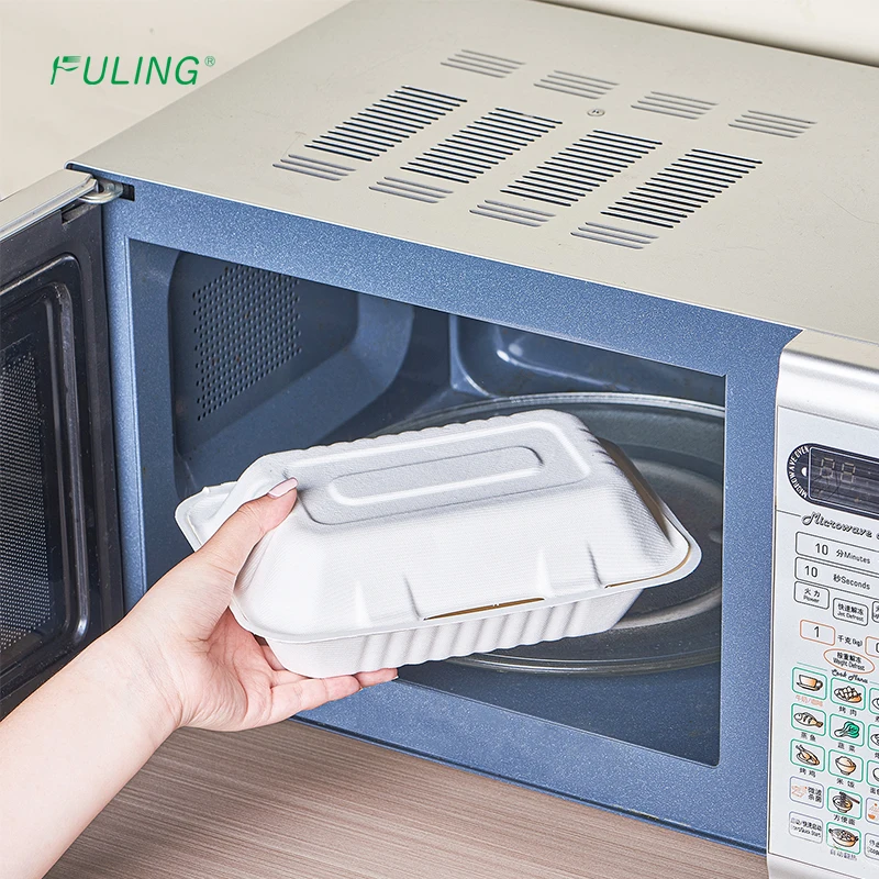 FULING Biodegradable paper plate disposable tableware bagasse food container clamshell lunch box to go