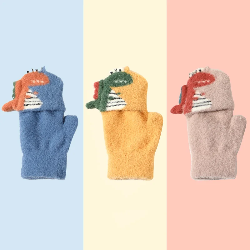 Fashion Half Finger Knit Mittens Cartoon Animal Children Thermal Winter Knitted Kids Gloves
