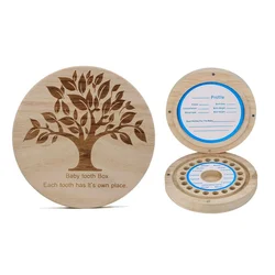 PaFu Round Baby Tooth Fairy Box Wooden Keepsake Box Special for Kids Babies Teeth Storage Holder Organizer