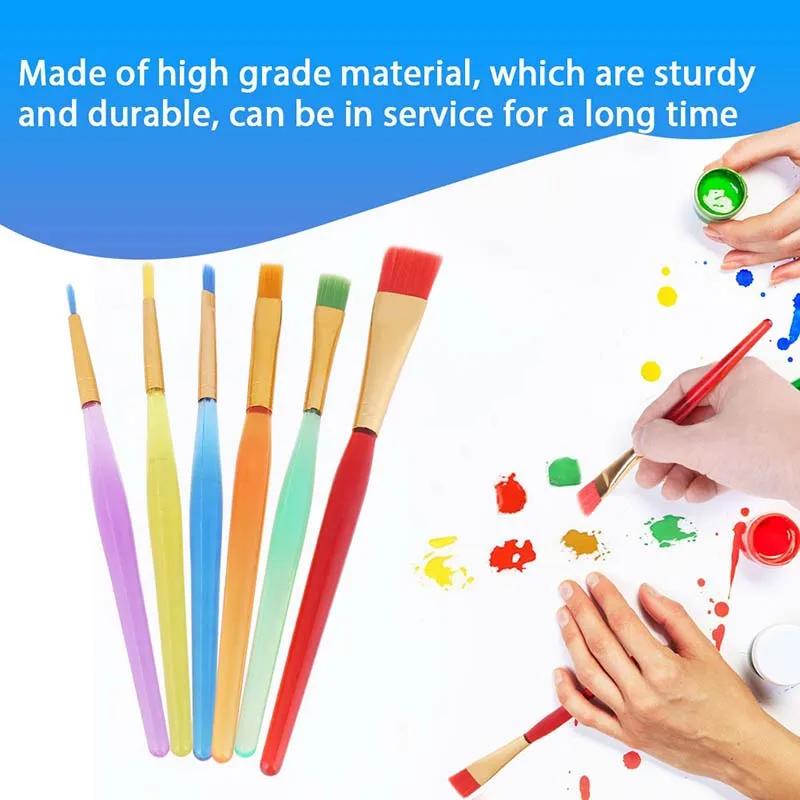 LISI 6pcs Colored Plastic Handle Nylon Hair Round Flat Preschool Paint Brushes for Toddler Washable Paint Acrylic Oil Watercolor