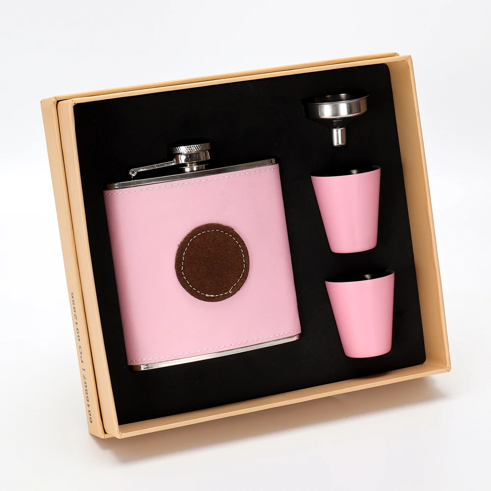 Gift Set Liquor Black Lather BPA-free 6oz 7oz 8oz Hip Flask Set Stainless Steel Hip Flasks