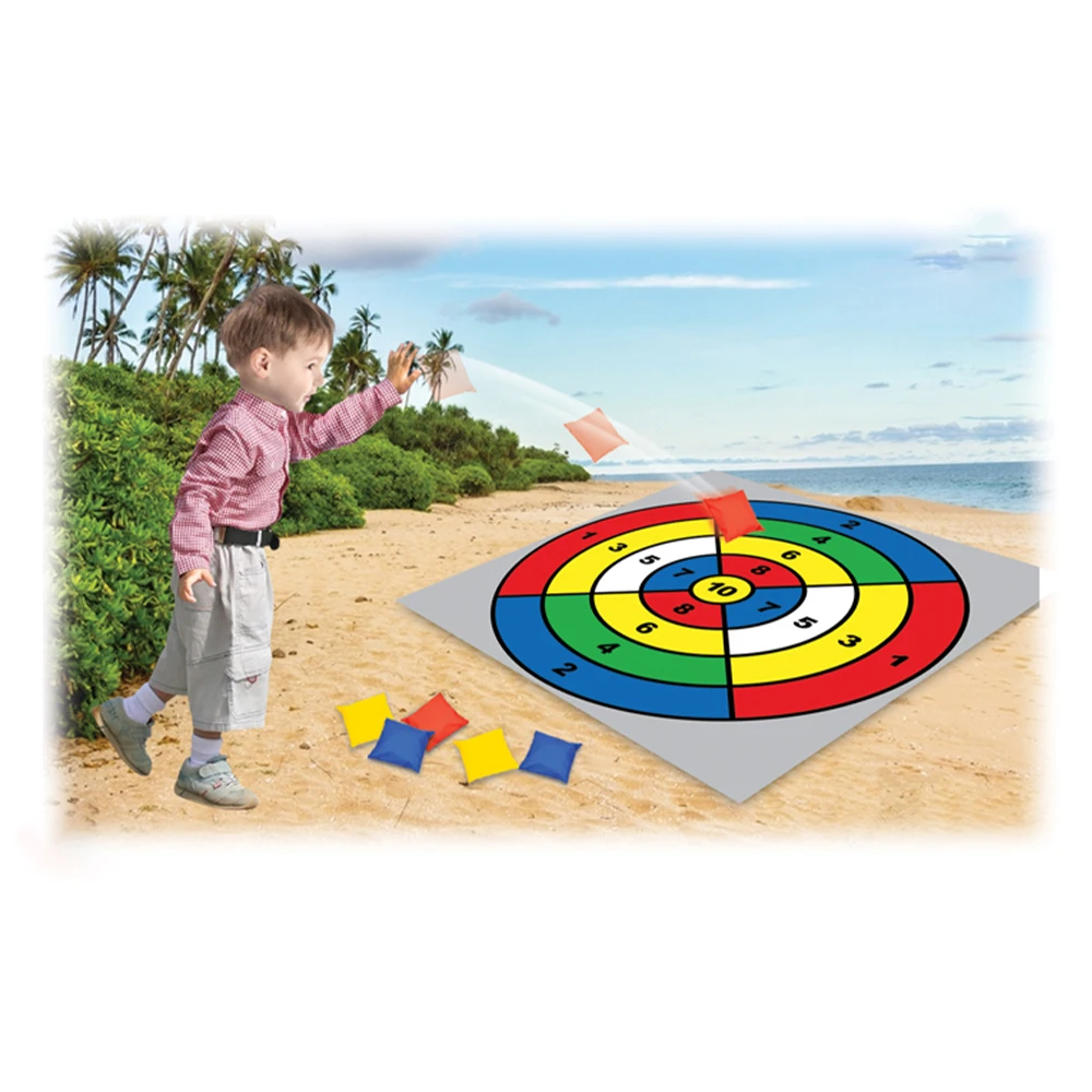 Kids summer indoor and outdoor toss game mat with beach bean bag set